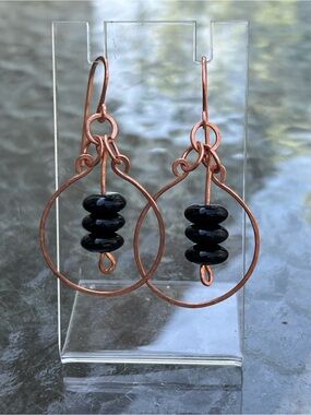 Artisan Copper Hoop Earrings with Black Bead Stack
